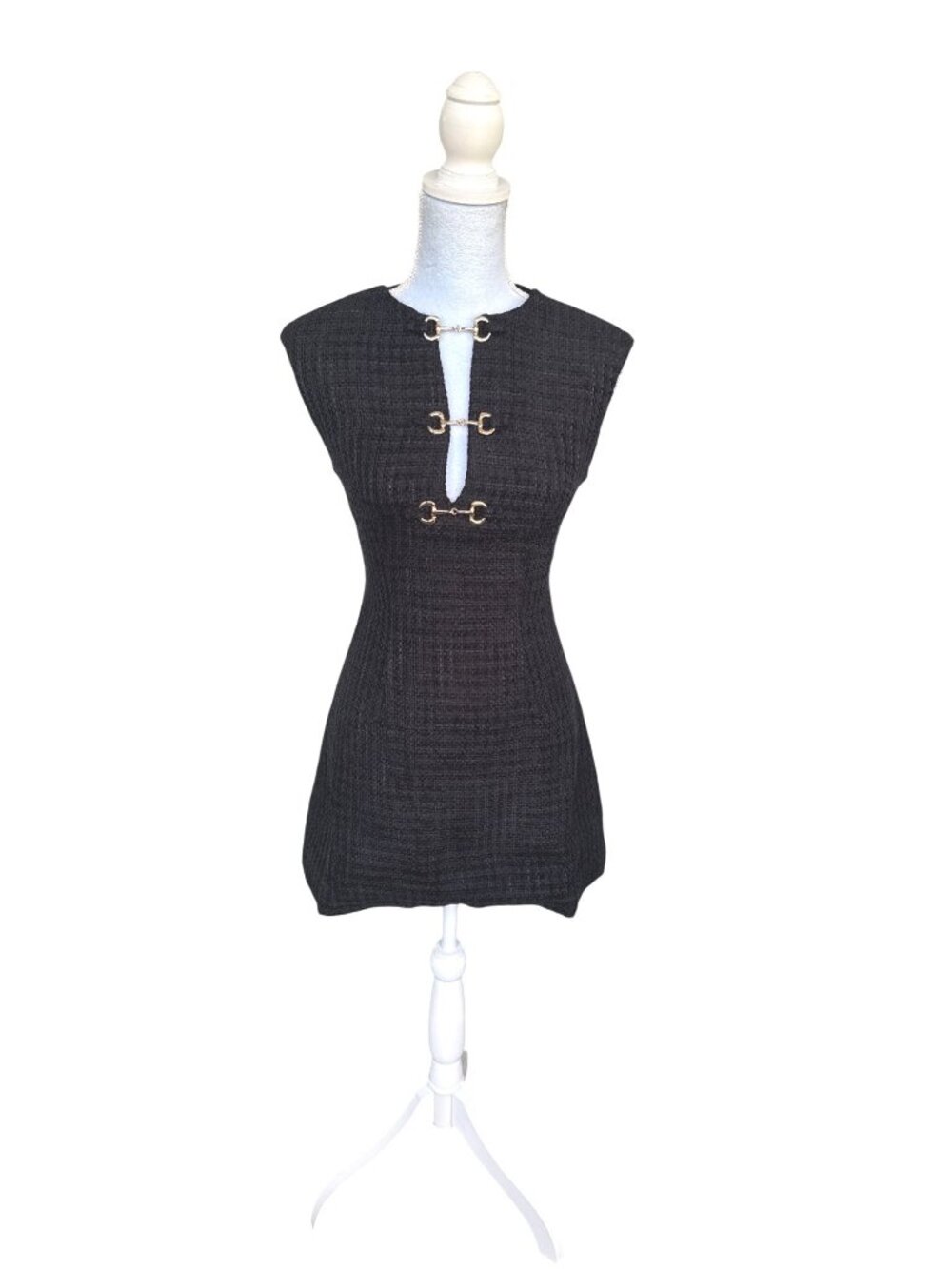 Commense Textured Sleeveless Black Mini Dress Gold Detail XS Chic